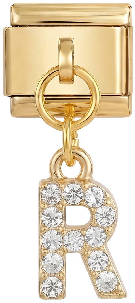 Letter R with stones, Hanging, on Gold - Letter-R-with-stones-hanging-on-gold.png