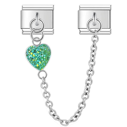 Green Heart, Double Linked Charms, on Silver - Charms Official